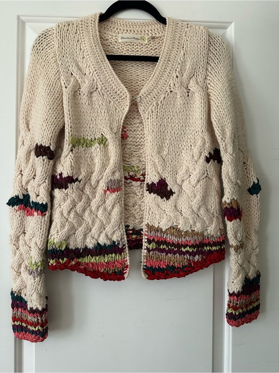 Sweaters - Cardigan Sweater - Cream Cable Knit with Multicolor Trim